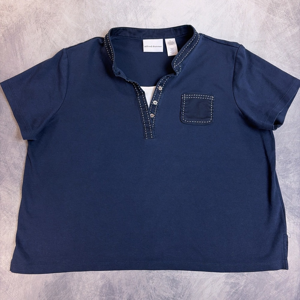 Alfred Dunner Navy Blue Short Sleeve Polo Top Stitch Detail XL